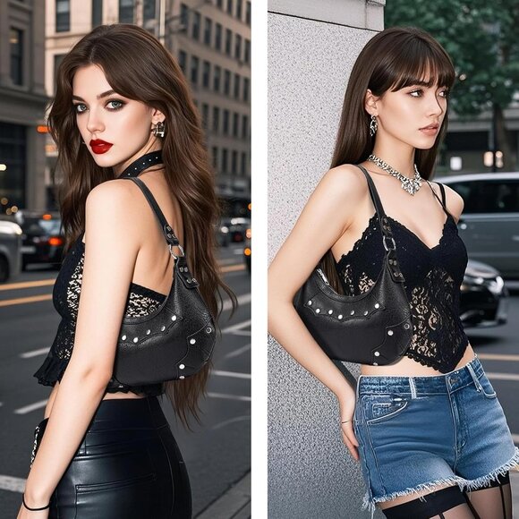 Women's Goth Y2K Mini Purse Small Shoulder Bag with Rivets and Zipper - Picture 7 of 7